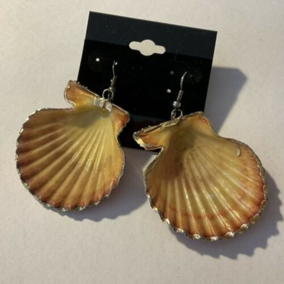GOLD TRIM SEA SHELL EARRINGS Unique Coloring Beautiful Pcd Earrings - Picture 4 of 4